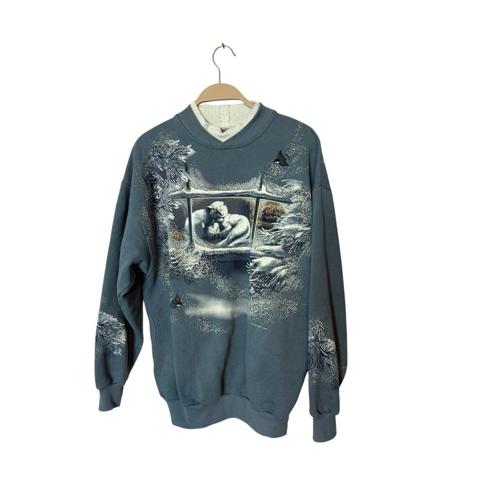 Vintage Art Unlimited Sportswear Sweatshirt‎ Winter Window Scene Cats Snow Large